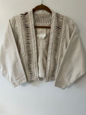 HeiHei Anthropologie Jacket M/L Open-Front Wide Sleeve Cropped Ladder Linen